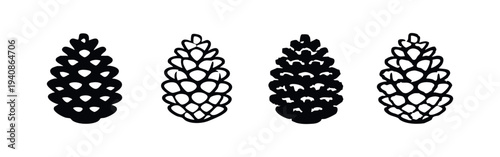 Various stylized pine cone designs in black and white solid and outline styles, suitable for natural motifs.