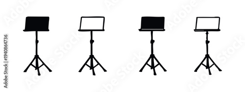 Music stand silhouettes and outline icons set. Musical equipment vector illustrations.