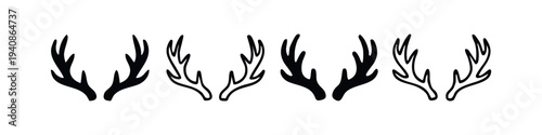 Deer antlers silhouettes and outline icons set. Forest animal horn vector illustrations.