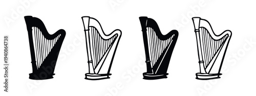 Harp musical instrument silhouettes and outline icons set. String instrument vector illustrations.
