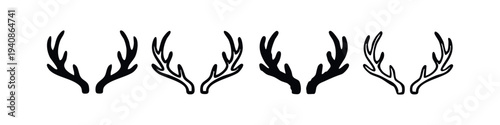 Deer antlers silhouettes and outline icons set. Forest animal horn vector illustrations.