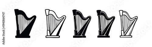 Harp musical instrument silhouettes and outline icons set. String instrument vector illustrations.