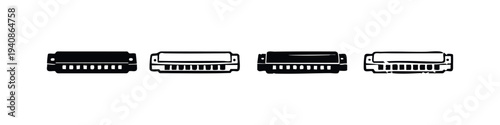 Hand-drawn harmonica icon set. Mouth organ vector collection in black and white.
