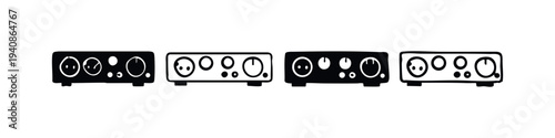 Audio interface and amplifier icon set. Music production equipment vector collection.