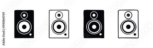 Studio monitor speaker icon set. Audio equipment vector collection in hand-drawn style.