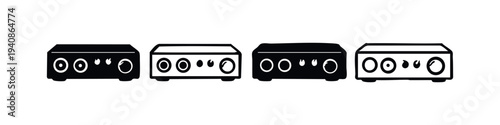 Audio receiver and control panel icons. Black and white vector set for sound technology.