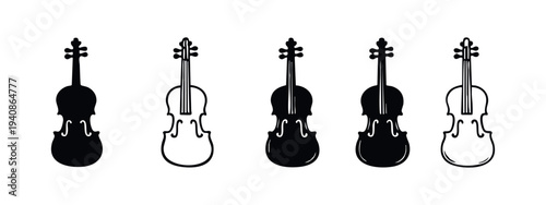 Violin musical instrument icon set. Classical string instrument vector collection.