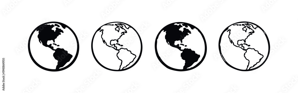 Obraz premium Earth globe icons showing Americas, solid and outline vector illustrations for global themes