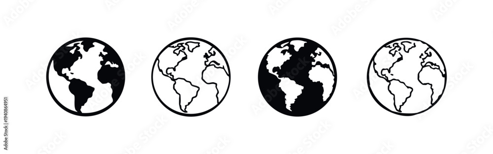 Obraz premium Planet Earth Globe Icon Set - Global Map Black and White Vectors