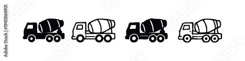 Concrete mixer truck symbols. Cement transport vehicles for construction projects.