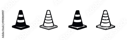 Road Safety Traffic Cone Icons Set for Construction Zone Warning