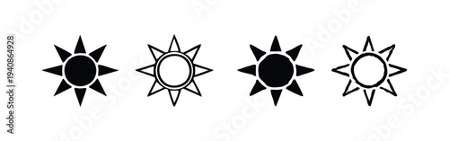 Sun icon set in various styles, solid and outline vector illustrations for weather and celestial themes