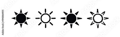 Sun icon collection with pointy and rounded rays, solid and outline vector illustrations for summer and light