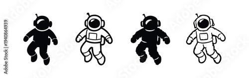 Astronaut floating icons, solid and outline vector illustrations for space exploration and science