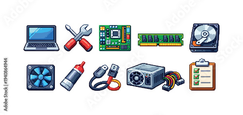 Computer hardware pixel icon set. tech, components, parts outline icons collection