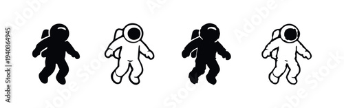 Astronaut icons in walking or floating pose, solid and outline vector illustrations for space travel