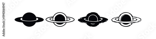 Ringed planet icons in various styles, solid and outline vector illustrations for cosmic themes