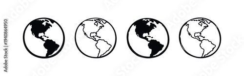 Earth globe icons showing Americas, solid and outline vector illustrations for global themes