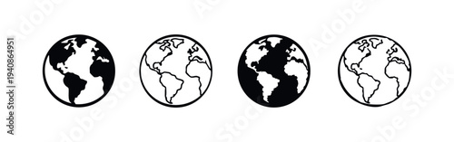 Planet Earth Globe Icon Set - Global Map Black and White Vectors