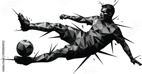Dynamic geometric soccer player kicking ball vector illustration with sharp abstract spikes, black and white
