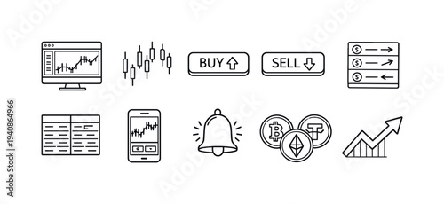 Cryptocurrency, trading linear icon set. market analysis, blockchain finance icons pack