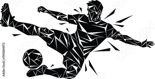 Dynamic geometric soccer player vector illustration kicking ball, abstract black and white sports graphic