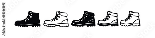Stylized Black and White Hiking Boot Icons Set