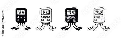TENS Unit or EMS Device Icon Set with Electrodes. Pain Relief and Muscle Stimulation Equipment.