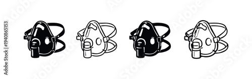 Respirator mask or gas mask icon set. Protective breathing equipment outline and solid symbols.