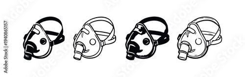 Oxygen mask or medical breathing mask icon set. Healthcare respiratory device outline and solid symbols.