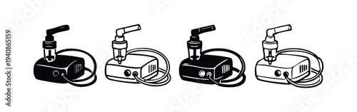 Air compressor or nebulizer device icon set. Medical or industrial pump with tube outline and solid symbols.