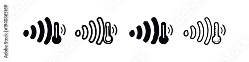 Thermometer with temperature waves icon set. Heating or cooling indicator outline and solid symbols.