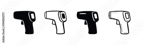 Infrared thermometer or temperature gun icon set. Non-contact digital body temperature measurement device.