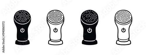 Facial Cleansing Brush Icon Set. Electric Face Scrubber Symbols with Power Button for Skincare.