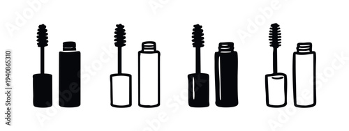 Hand Drawn Mascara Icon Set. Eyelash Makeup and Cosmetic Doodle Collection for Beauty and Eye Enhancement.