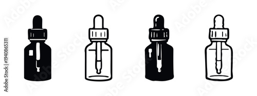 Hand Drawn Dropper Bottle Icon Set. Cosmetic Serum and Essential Oil Doodle Collection for Skincare and Beauty.