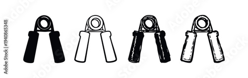 Hand gripper set of icons. Forearm exercise equipment for strength training, grip, and rehabilitation.