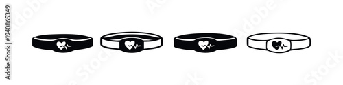 Health monitor wristband set of icons with heart rate pulse symbol for fitness and wellness tracking.