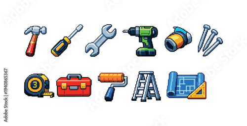 Construction tools icon set. flat design icons of hammers, drills, blueprints, and more.