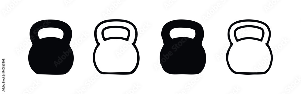 Fototapeta premium Kettlebell icon set for fitness and gym workout. Strength training equipment symbols collection.