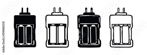 Battery charger with AA or AAA batteries. Set of vector icons in solid and outline styles.