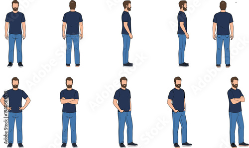 Flat vector character set of a bearded man wearing blue t-shirt and jeans in various poses and views, front back side.