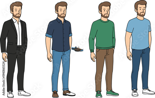 Flat vector character set of a bearded man in blue t-shirt and jeans showing various poses and views.