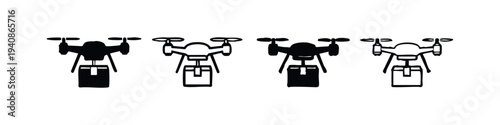 Delivery drone icon set. Quadcopter unmanned aerial vehicle symbols for package delivery. Vector illustration.