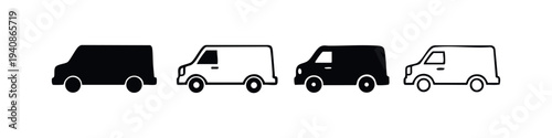 Delivery Van Icons Set. Collection of Shipping and Transport Vehicle Symbols in Solid and Outline Styles.