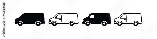 Delivery van icon set. Cargo truck symbols for logistics, shipping, and express services. Vector illustration.