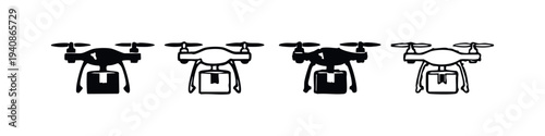 Aerial delivery drone symbols. Remote control quadcopter icons for modern logistics. Vector illustration.