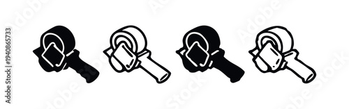 Tape Dispenser Icons Set. Packaging and Sealing Tool Symbols in Solid and Outline Styles for Shipping.