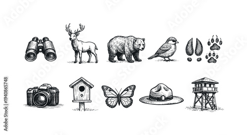 Nature and wildlife outline icon set: animals, birdwatching, outdoor adventure symbols
