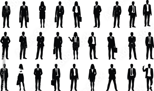 Large collection of professional business people silhouettes featuring men and women in various standing and walking poses wearing suits.